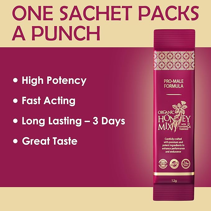 PowerPak Extra Strength Honey Mix | Honey Packets with Natural Jelly Bee Pollen Panax Ginseng &amp Tribulus | Mixed Honey Infused with Premium Ingredients for Long Lasting - 3 Days | Packs of 12 Sac