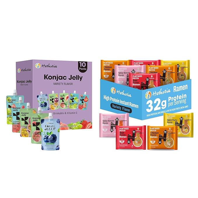 Hethstia High-Protein Ramen Variety 6-Pack and Konjac Jelly Variety Pack 10 Pouches Drinkable Jelly– Blueberry Peach Passion Fruit Green Grape Strawberry