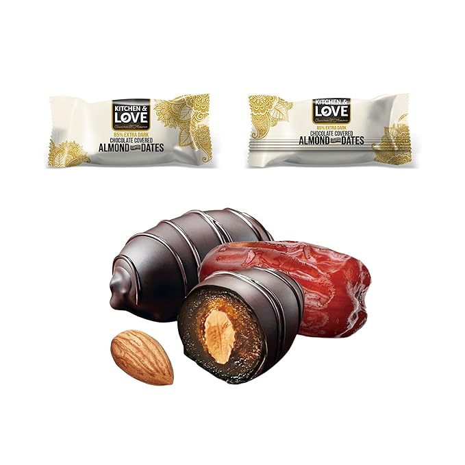 Kitchen &amp Love Chocolate Covered Almond Stuffed Dates in a Convenient Resealable Pouch 8 Individually Wrapped Pieces 85% Extra Dark Chocolate Healthy Snack 3.5 oz pouch (Pack of 4)