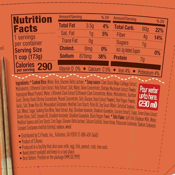 CJ Cupbahn Cooked Rice Bowl With Soft Tofu Stew Spicy Microwavable 6.1-oz (6 Pack) 6Count