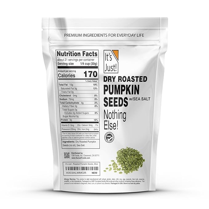 It's Just - Pumpkin Seeds (Pepitas) No Shell Keto Friendly Snacking Non-GMO Packed in USA (Dry Roasted/Sea Salted 30 Ounce)