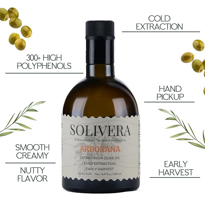Solivera Arbosana Extra Virgin Olive Oil Cold Pressed 300+ High Polyphenols Smooth Creamy &amp Nutty Flavor Single-Origin Organic Olive Oil Hand Picked Gourmet Oil - 16.8 fl. oz. (Arbosana)