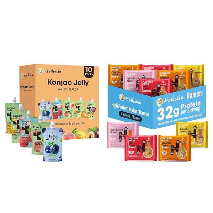 Hethstia High-Protein Ramen Variety 6-Pack and Konjac Jelly Variety Pack 10 Drinkable Jelly Pouches – Lychee Blueberry Peach Mango Passion Fruit