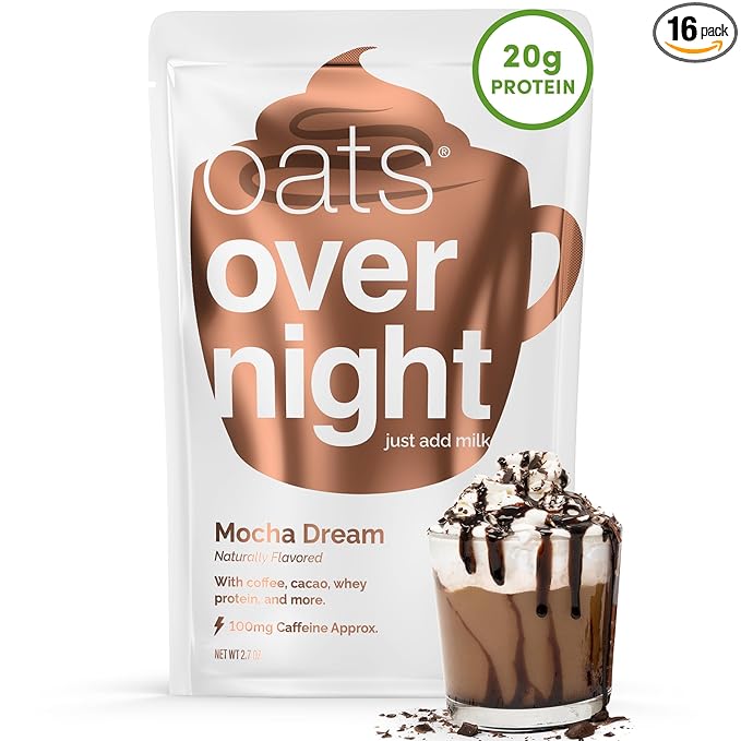 Oats Overnight - Mocha Dream - 20g Protein High Fiber Breakfast Shake 100mg Caffeine - Gluten Free Non GMO Oatmeal (2.7 oz per meal) (16 Pack)