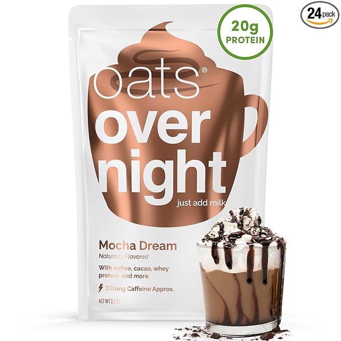 Oats Overnight - Mocha Dream - 20g Protein High Fiber Breakfast Shake 100mg Caffeine - Gluten Free Non GMO Oatmeal (2.7 oz per meal) (24 Pack)