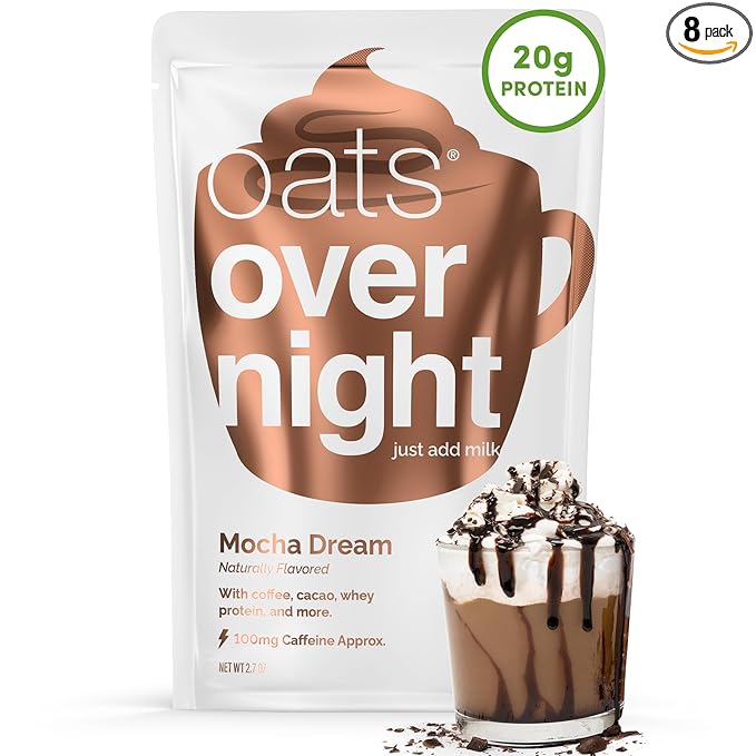 Oats Overnight - Mocha Dream - 20g Protein High Fiber Breakfast Shake 100mg Caffeine - Gluten Free Non GMO Oatmeal (2.7 oz per meal) (8 Pack)