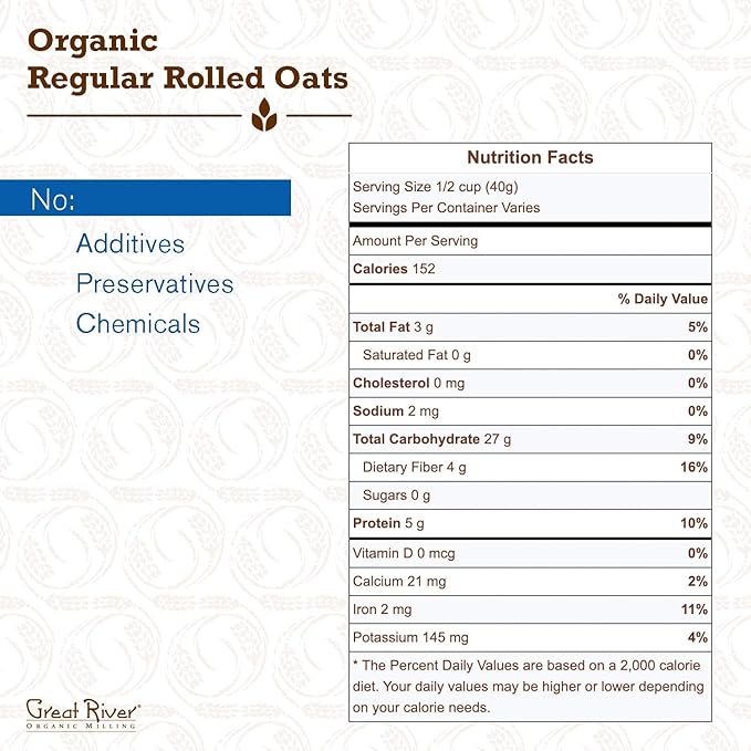 Great River Organic Milling Oatmeal Regular Rolled Oats Organic 50-Pounds (Pack of 1)