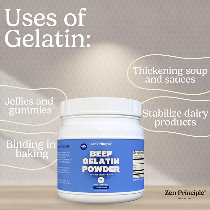 Zen Principle Grass-Fed Gelatin Powder 1.5 lb. Custom Anti-Aging Protein for Healthy Hair Skin Joints &amp Nails. Paleo and Keto Friendly. Cooking and Baking. GMO-Free and Gluten-Free. Unflavored.