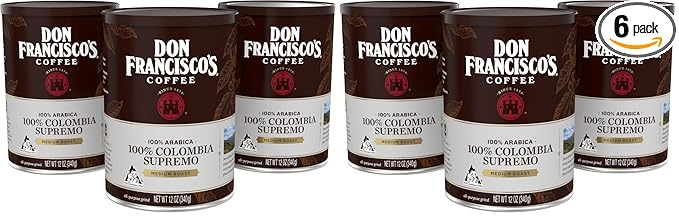 Don Francisco's Premium 100% Colombia Supremo Ground Coffee – RichAromatic Medium Roast with 100% Arabica BeansFloral Notes &amp Winey FlavorRecyclable 12 oz Cans(Pack of 6)