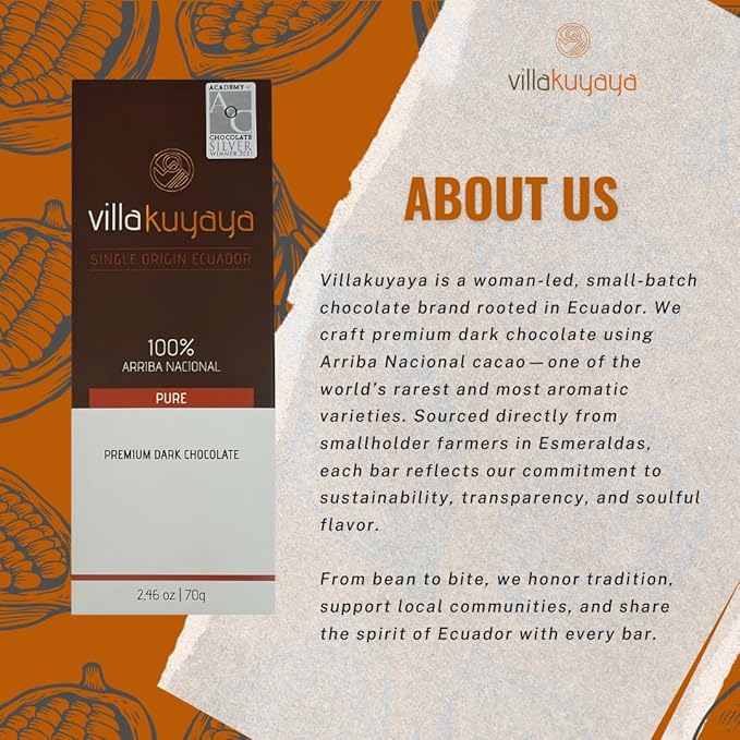 Villakuyaya Premium Dark Chocolate Single Origin 65% Pure (Bronze Award Winner – Academy of Chocolate London 2024) – Gourmet Ecuadorian Cacao Vegan &amp Gluten-Free (Pack of 6)
