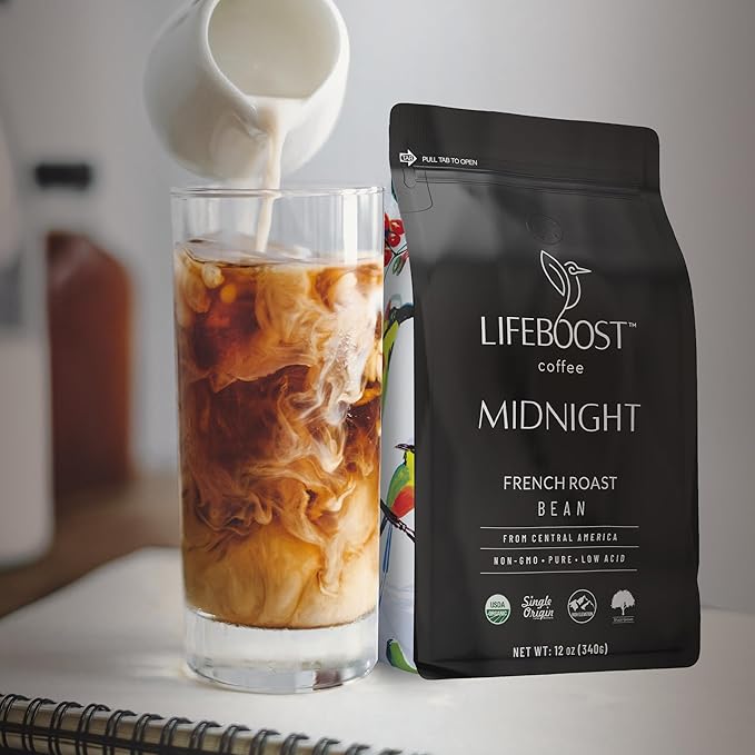 Lifeboost Midnight French Roast Coffee Beans - Single Origin Non-GMO USDA Organic Low Acid French Roast Coffee - Third Party Tested For Mycotoxins &amp Pesticides - 12 Ounces