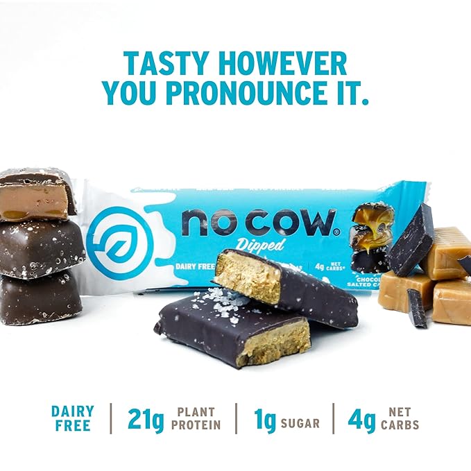 No Cow High Protein Bars Chocolate Salted Caramel - Healthy Snacks 20g Vegan Protein High Fiber Low Sugar Keto Friendly Dairy &amp Gluten Free (12 Count)