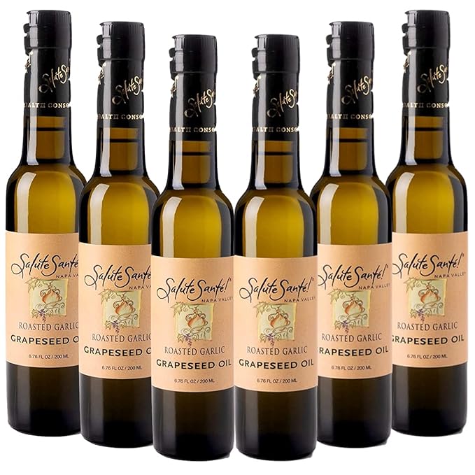 Salute Santé! Roasted Garlic Infused Grapeseed Oil – 200ml 6 Pack – Gourmet Cold Pressed Cooking Oil for Dipping Finishing and Marinades – Healthy Non-GMO Vegan High Smoke Point Culinary Gift