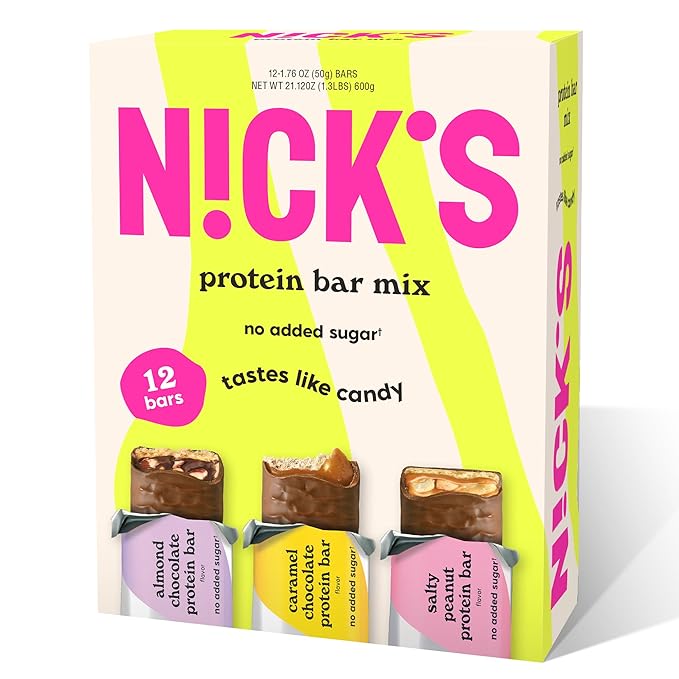 NICKS Protein Bars Variety Pack Protein-Packed Snack Low Calories Low Carb Keto Friendly Snacks No Added Sugar Salty Peanut Chocolate Caramel and Almond Chocolate (12 Pack)