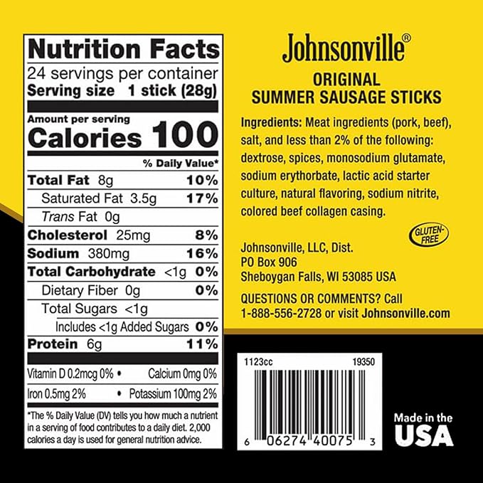 Johnsonville Summer Sausage Snack Sticks - Dairy Free Gluten Free Protein Snacks Jerky Snack Packs - Original 1 oz. 24-Pack