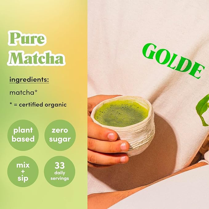 GOLDE - Pure Matcha - Ceremonial Grade Matcha Powder - Green Tea Superfood w/L-Theanine &amp Antioxidants - 60mg Caffeine - Jitter Free Energy - 100g Pouch