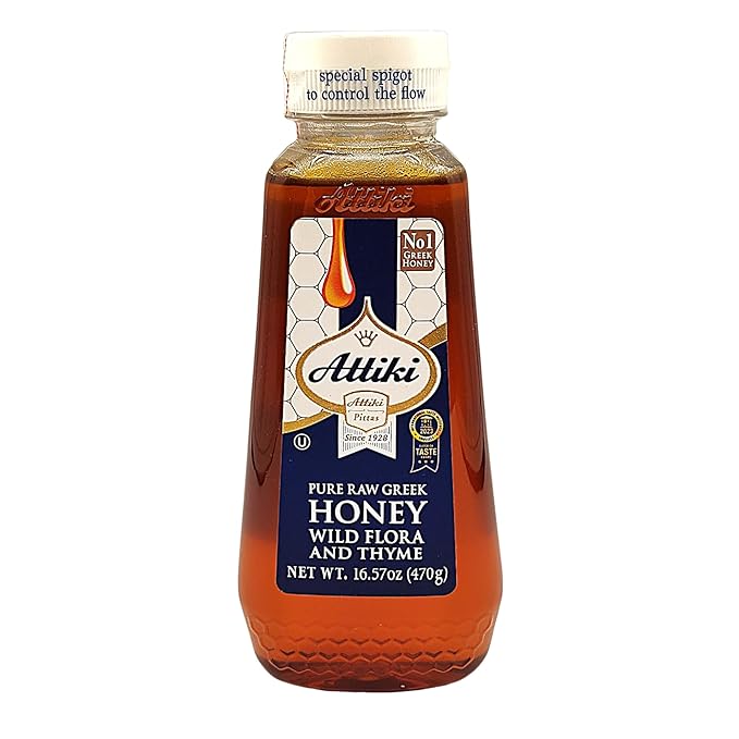 Attiki Pure Greek Honey with Thyme Wild Flowers and Herbs Perfect for Baking Cooking Lemonade and Tea 16.58 oz (470 grams) Bottle