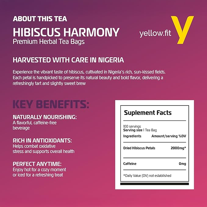 Yellow.fit Hibiscus Tea Bags – 1500mg Loose Leaf Tea Bags Caffeine-Free Herbal Tea Made from Dried Hibiscus Flowers Herbal Tea Bags 100 Count