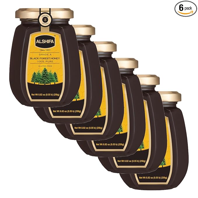 ALSHIFA Black Forest Honey 8.81oz (250g) | Pack of 6 | Mono-floral Honey | Unique Taste Sweetener | No Added Sugar | Glass Bottle