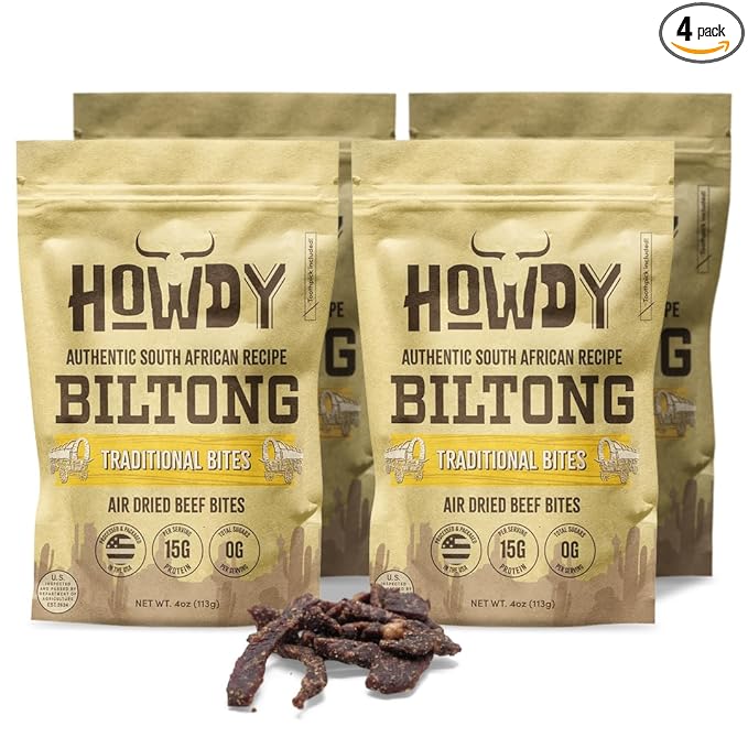 HowdySnax Traditional Biltong Bites – 4 Pack (16 oz Total) – Bulk Beef Snack • High‑Protein • Keto &amp Paleo • No Preservatives • Made in USA