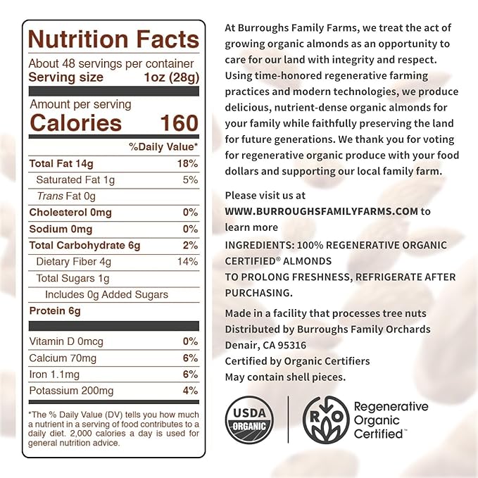 Burroughs Family Farms 3 lb USDA Organic Raw Almonds – First Regenerative Organic Certified Farm – Gluten-Free Non-GMO Vegan Paleo &amp Keto-Friendly Almond Nuts – High in Protein &amp Nutrients