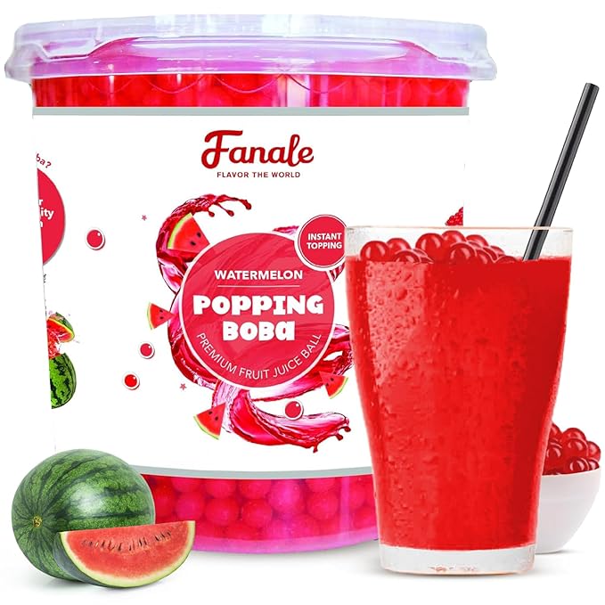 Fanale Watermelon Popping Boba Pearls Vegan Non GMO Gluten Free Fat Free Perfect for Bubble Tea Smoothies Ice Cream Desserts and Beverages.