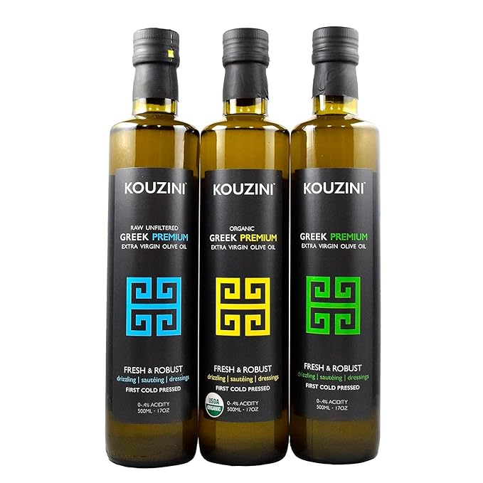 Kouzini Triple Olive Oil Bundle Premium Greek Organic and Raw Unfiltered Extra Virgin Olive Oil For Kitchen Grill Salad Dressings 500ml Bottles