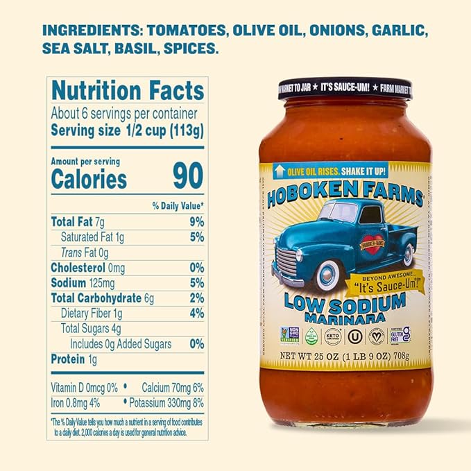 Hoboken Farms Low Sodium Marinara Sauce - Keto Certified No Sugar Added Non GMO Project Verified Plant Based and Paleo Friendly (25 Fl Oz Pack of 2)