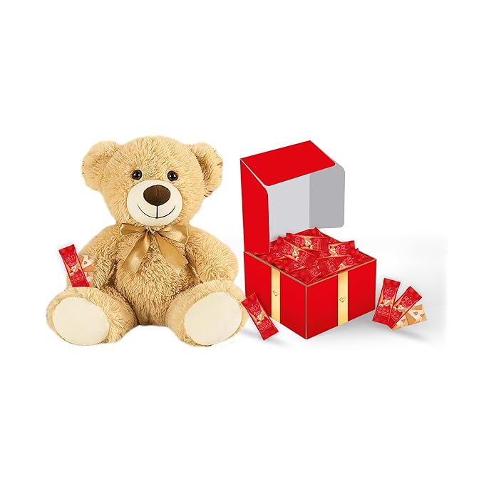 RED Delight®™ 100 Piece Chocolate Gift Box (100 Piece Gift Box w/Bite Size Bars +14 Plush Bear Blonde Caramelized White Chocolate)