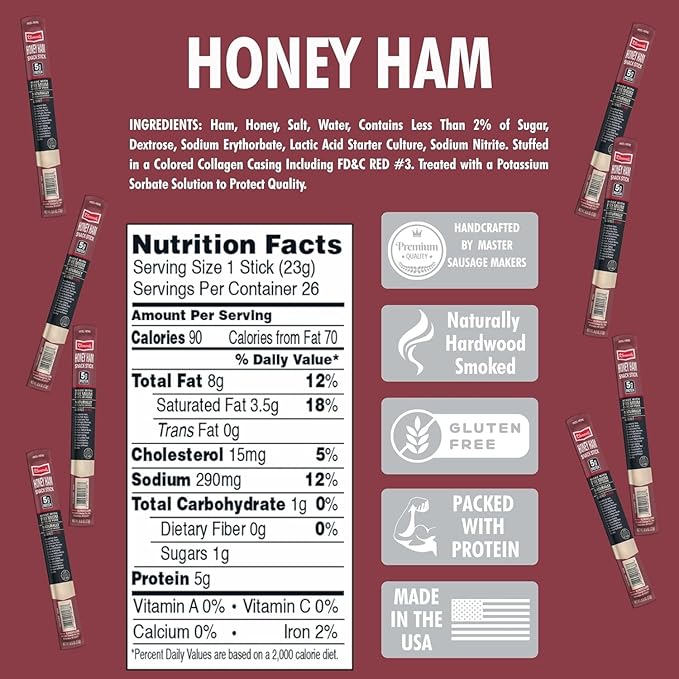 Jerky.com Honey Ham Jerky Sticks - 26 Pack | 100% Honey Ham Sticks | High Protein Low Carb Keto Friendly Gluten Free No MSG | Individually Wrapped Jerky Gifts for Men