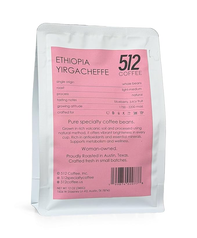 512 Coffee Ethiopia Yirgacheffe Light Roast Whole Bean – Specialty Single Origin with Tasting Notes of blueberry juicy fruit and a natural honey sweetness – Fresh Roasted for Filter Brewing (12 Ounc