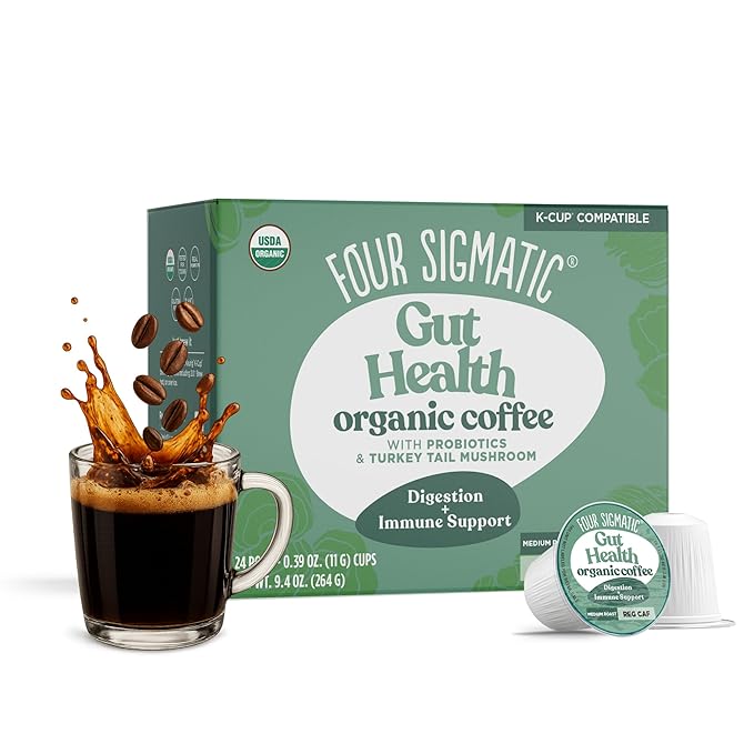 Four Sigmatic Gut Health Organic Coffee Pods | Medium Roast Probiotic K Cups with Chaga and Turkey Tail | Immune Boosting Probiotic Mushroom Coffee K Cups for Gut Health and Immune Support | 24 Count