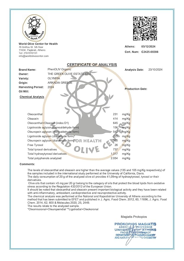 PhenOLIV Organic Extra Virgin Olive Oil.