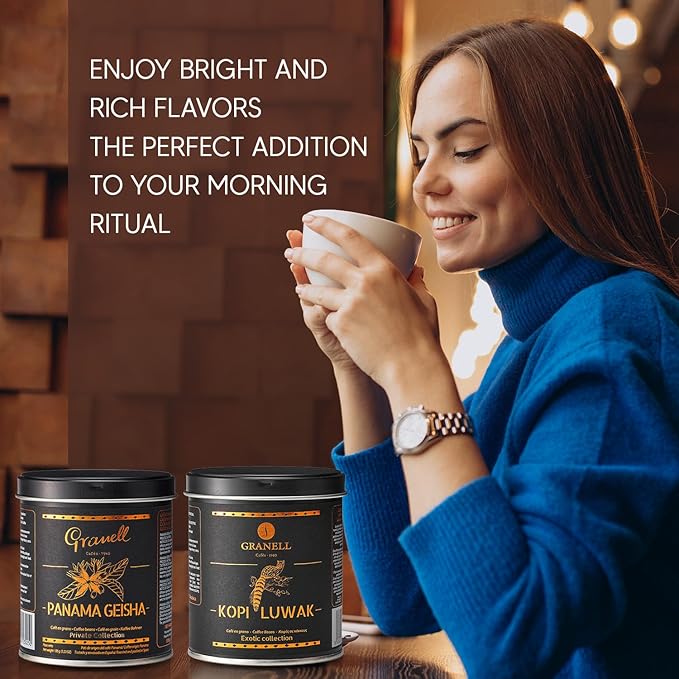Cafés Granell – Kopi Luwak + Panama Geisha Coffee | Exotic Collection | Fresh Whole Gourmet Beans | Quality Controlled | 100% Arabica Coffee-Premium Medium Roast | 3.53oz