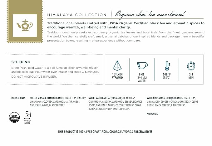 Teabloom Himalaya Chai Gift Set – Organic Chai Tea Sampler with 12 Plant-Based Pyramid Sachets Elegant Presentation Box for Tea Lovers