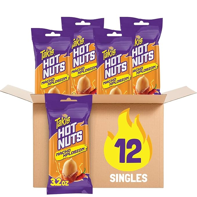 Takis Nacho Xplosion Hot Nuts 12 pc / 3.2 oz Snack Size Box Cheese and Chili Pepper Flavored Hot Spicy Double-Crunch Peanuts
