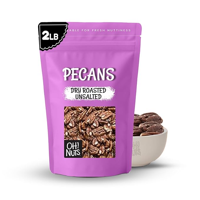 Oh! Nuts Pecans Dry Roasted Unsalted - Kosher Oil-Free All Natural Pecans - For Baking Snacks Salad Dressing - Packed in 2 LB Resealable Bulk Bag