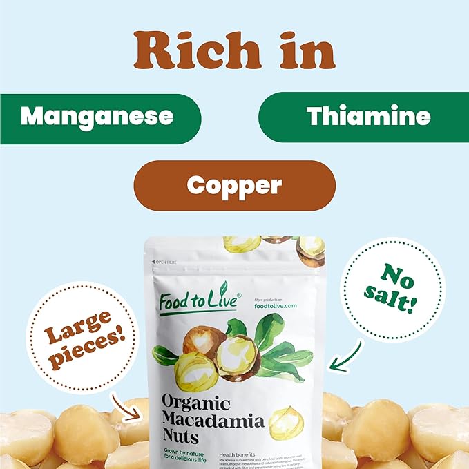 Food to Live Organic Macadamia Nut Halves &amp Pieces 2 Pounds – Non-GMO Raw Shelled Unsalted Kosher Vegan Bulk. Keto Snack. Good Source of Healthy Fats. Great as Topping for Yogurt Cereal.