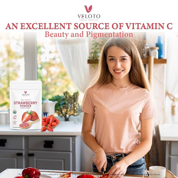 VELOTO Strawberry Powder Strawberry Fruit Freeze Dried Powder Vitamin C Supplement Natural Antioxidants Superfoods for Smoothie &amp Beverage Blend Vegan Non-GMO Gluten-Free 12 oz