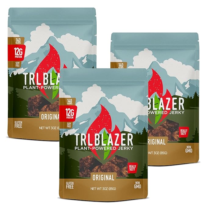 TrlBlazer Plant Powered Vegan Jerky – High Protein All Natural Vegan Meat Snack – 12g Plant-Based Protein – Soy-Free Gluten Free Non-GMO – 3 Pack – 3 oz Bags (9 Ounce Original)