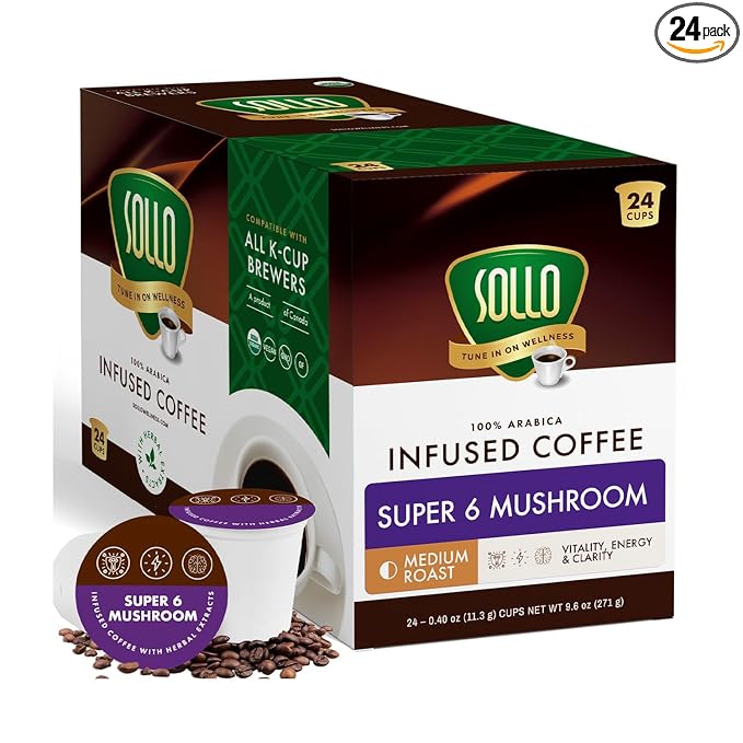 Sollo Infused Super 6 Mushroom Blend Coffee Pods – 100% Arabica Medium Roast with 6 Functional Mushrooms &amp B-Vitamins – Lion’s Mane Chaga Reishi Cordyceps Turkey Tail Oyster – 24 K-Cups