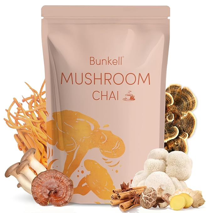 Bunkell Mushroom Chai Adaptogenic 6 Mushrooms with Lion's Mane Reishi Cordyceps Shiitake King Trumpet &amp Turkey Tail Chai Powder for Energy Focus Digestion &amp Immune Support 20 Servings