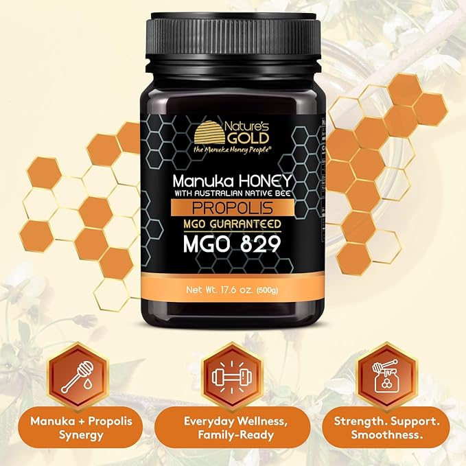 Nature’s Gold Raw Manuka Honey with Australian Native Bee Propolis MGO 829+ | 100% Pure Genuine Traceable Hive to Home