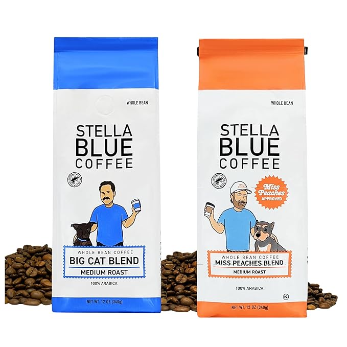 Stella Blue Whole Bean Coffee Variety Pack Big Cat Blend And Miss Peaches Blend Medium Roast Arabica Beans Caramel Citrus Fruity Notes Smooth Balanced Flavor 12 Oz Bags