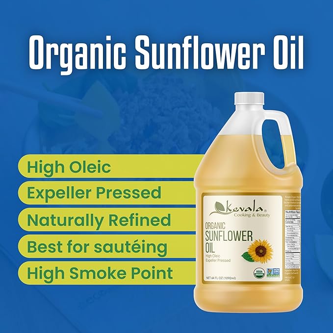 Kevala Organic Sunflower Oil - Oil for Cooking and Baking Processed in a Facility Free of Tree Nuts and Peanuts Good Carrier for Essential Oils Kitchen Pantry Staple for your Home 64 fl oz 1/2 gal