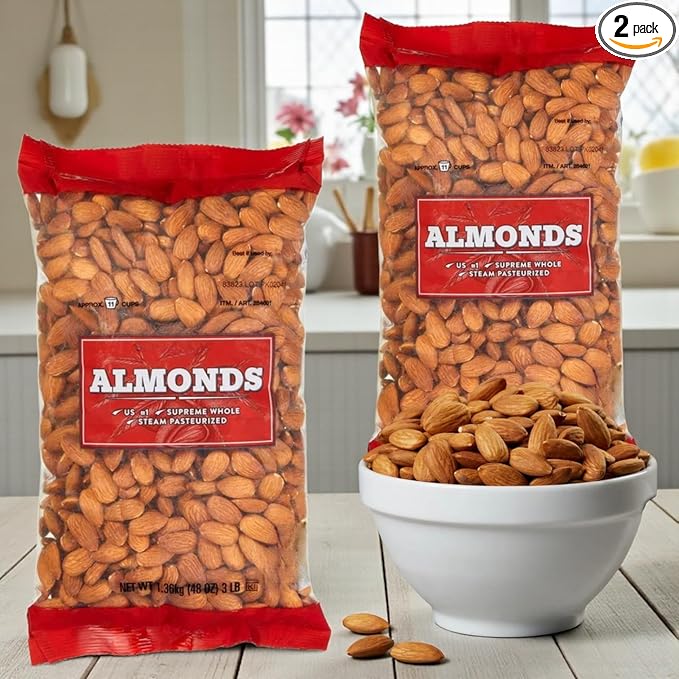 Kirkland Supreme Whole Almonds – Steam Pasteurized US #1 Almonds for Snacking Baking &amp Cooking – 2 Pack (3 lb Each 6 lb Total) Resealable Bags