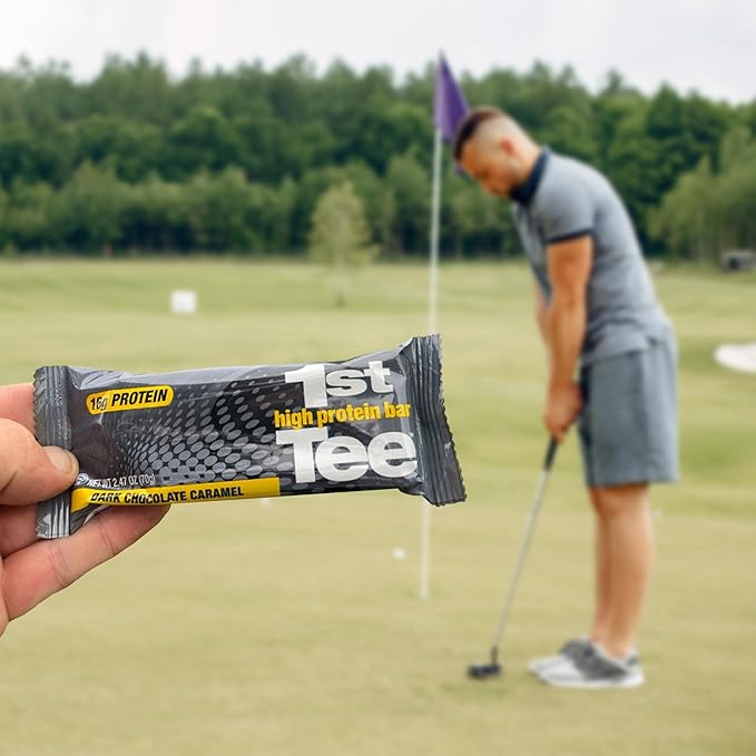 1st Tee High Protein Bar 12 Pack Golf Protein Energy Bars | High Protein and Delicious Dark Chocolate Caramel Flavor | Gluten Free Snack Bar| Including 16 grams of Protein and 3 grams of Sugar
