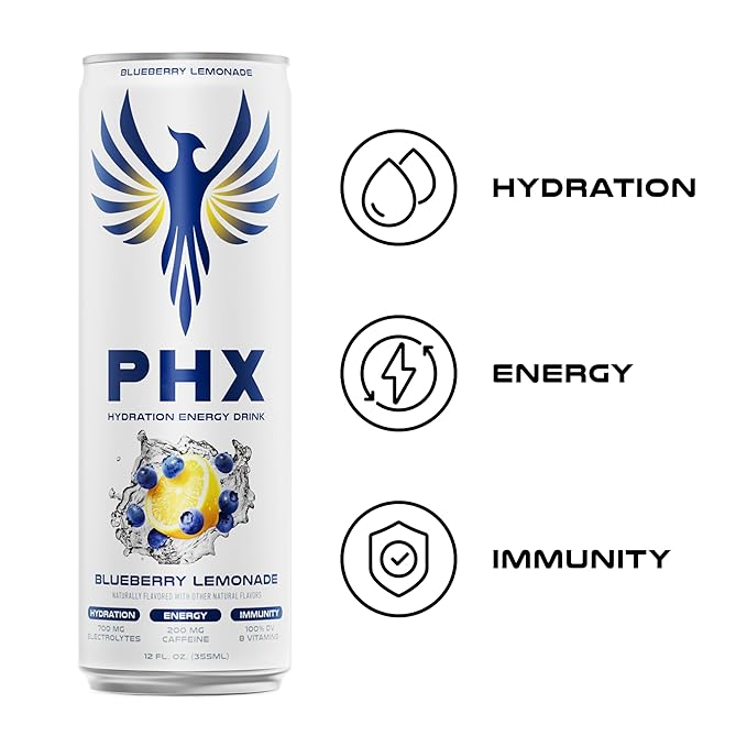 PHX Hydration Energy Drink - 700mg Electrolytes 200mg Natural Green Tea Caffeine 100% Daily Value 8 Essential Vitamins - 12 oz Cans (12 Pack) (12 Pack Blueberry Lemonade)
