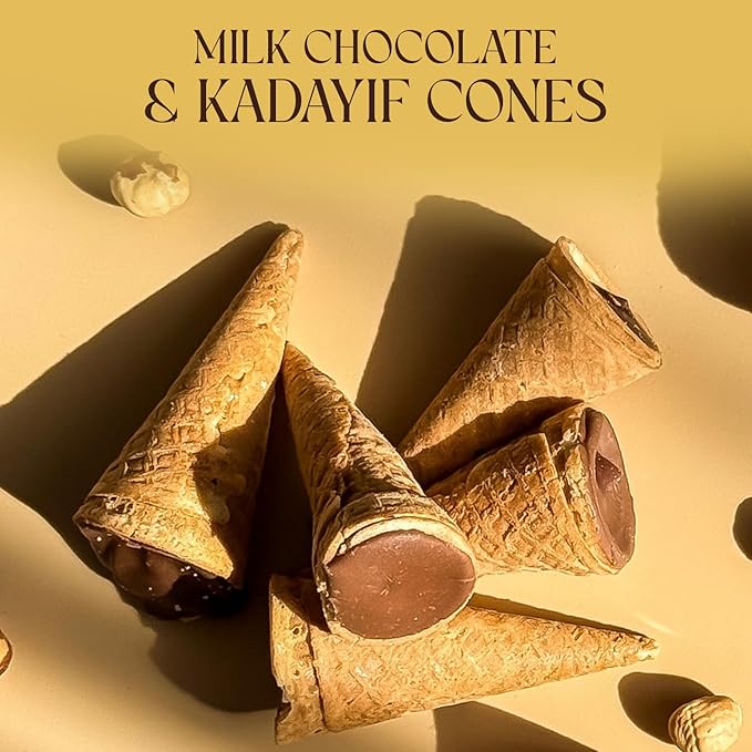 BEEMAX Dubai Style Chocolate Cones Mini Waffle Filled with Milk Pistachio Cream &amp Crunchy Kadaifi Gourmet Middle Eastern for Gifting &amp Indulging 4.24 oz Resealable Pouch 2-Pack