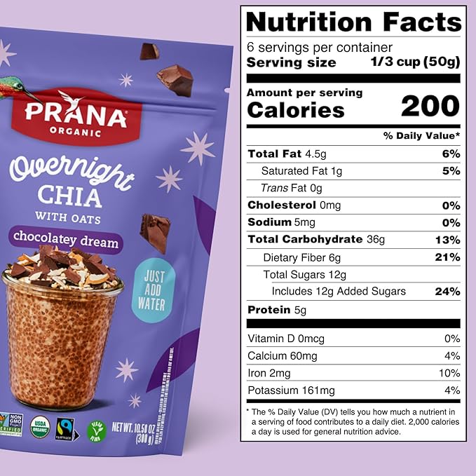Prana Organic Overnight Chia with Oats Chocolatey Dream | Rich in Fiber &amp Protein Vegan Non-GMO | Fairtrade Chia Pudding - 10.58 oz - 6 Pack